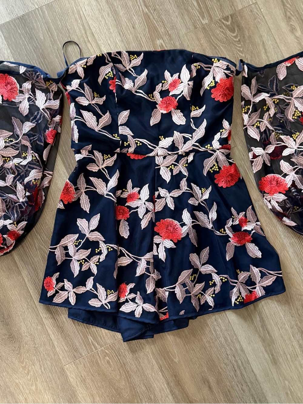 Finders Keepers Navy Off-Shoulder Floral Romper with Sheer Puff Sleeves